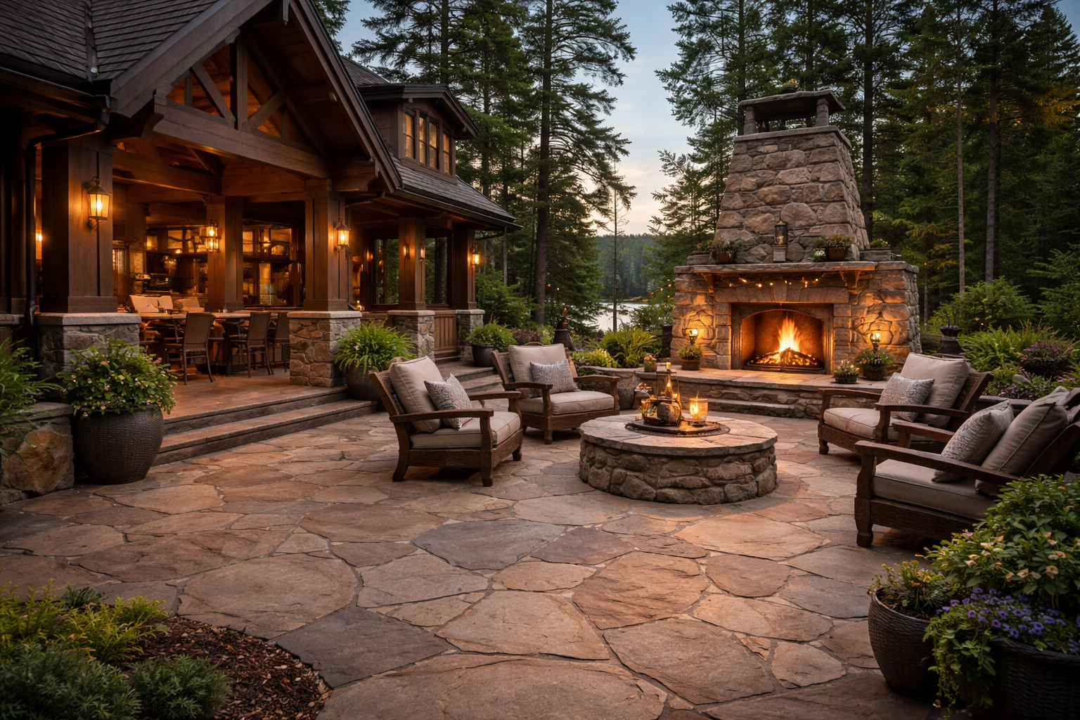 Premium Greek flagstone patio with outdoor fireplace